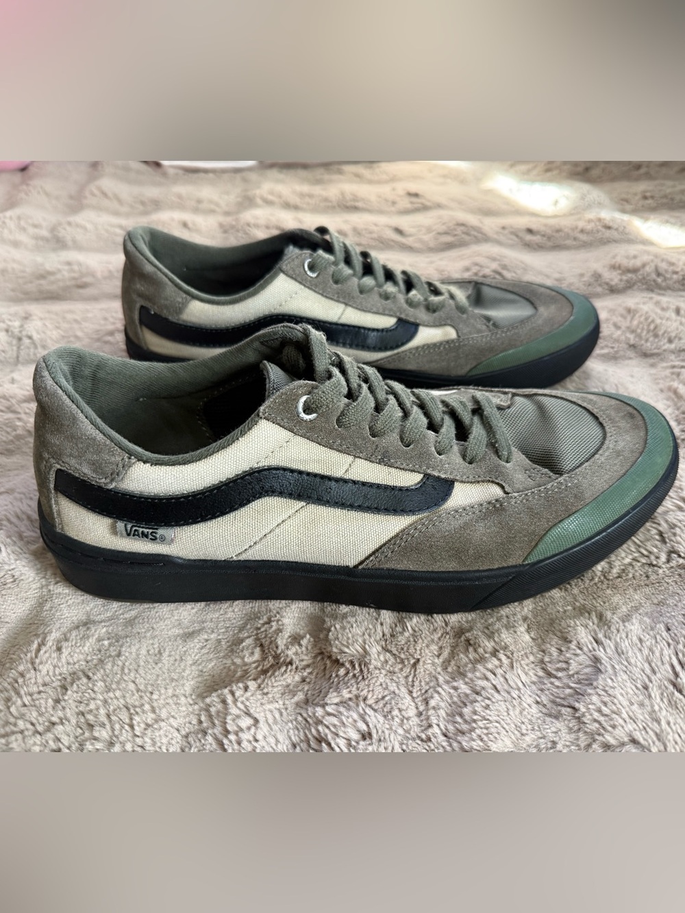 Vans Low-Top Canvas & Suede Sneakers in Olive, Black & Cream